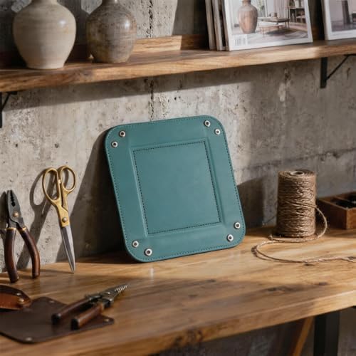 Valet Tray Desktop Storage Organizer – Vegan Leather Catchall Tray Bedside Vanity Tray Nightstand Caddy Holder for Remote Controller, Watch, Keys, Phone, Wallet, Coin, Jewelry, Turquoise - Image 2