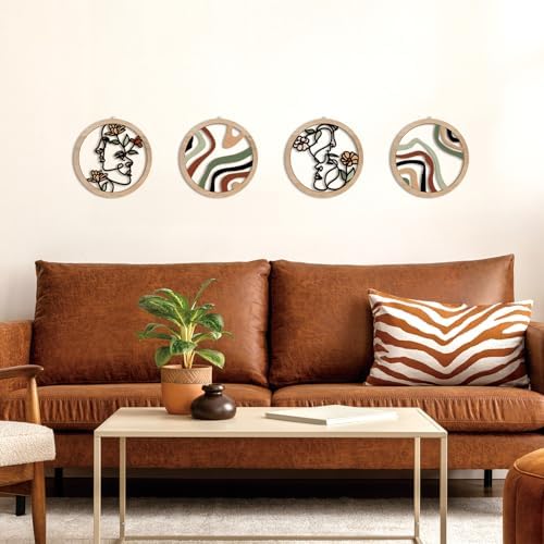 HPNIUB Boho Fashion Woman Wall Decor, Abstract Geometric Line Hanging Wooden Wall Art, 4 Pieces 10''x10'' Minimalist Aesthetic Female Women Face and Floral Wood Sign for Bedroom Living Room, Lady Gift - Image 7