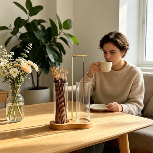 Glass Natural Incense Holder,Warm Minimalism Incense Sticks Burner Holder with Storage,Hang Upside Down Incense Holder for Sticks with Glass Ash Catcher for Meditation Yoga Room (Natural) - Image 3