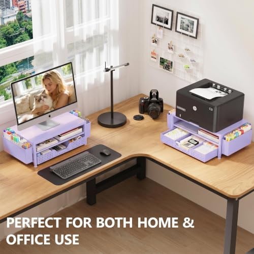 OPNICE Desk Organizers and Accessories, Computer Monitor Stand Riser with Drawer and 2 Pen Holders, Printer & Laptop Stand, Office Desk Accessories & Workspace Organizers for Home Office Supplies, Purple - Image 3