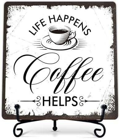 Coffee Bar Sign, Life Happens Coffee Helps Sign, Coffee and Tea Lover Gifts, 5x5 Wood Plaque with Iron Stand for Home Kitchen Cafe, Coffee Bar Decor – A08 by Unknown