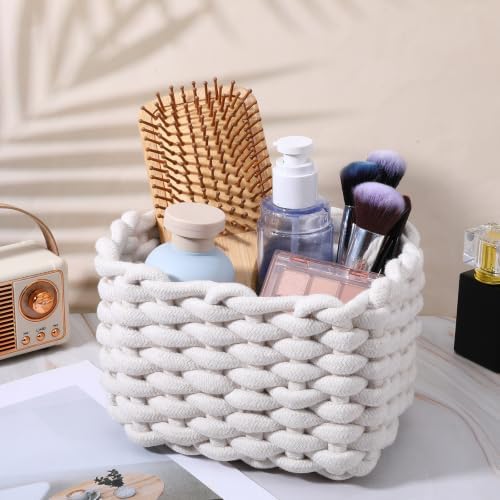 Tiny Basket 2 Pack Handwoven Cotton Rope Storage Bins, Small Baskets for Gifts, White & Light Brown, 7.7x5.1x6.1 Inch, Minimalist Boho Decor for Vanity Desk Bathroom Bedroom Organizer - Image 6