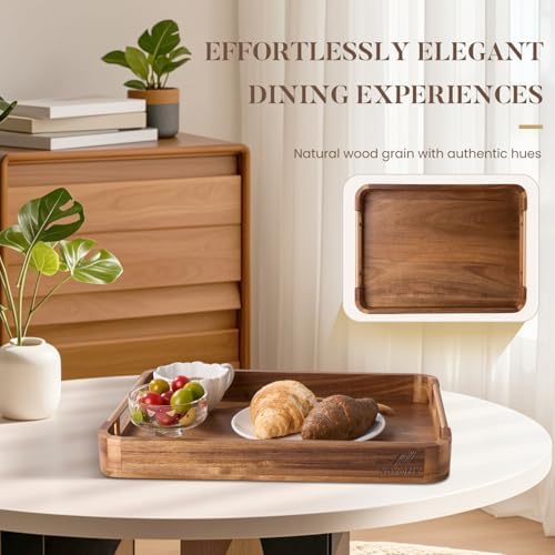 Acacia Wood Serving Tray with Handles - 17'' x 13'' Round, Decorative Ottoman Trays for Breakfast, Home Decor, Tea Party, Coffee Table, Candle Display, Kitchen Counter Board (Rectangular Wood Tray) - Image 6