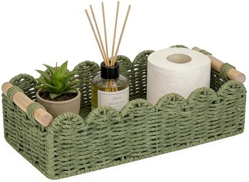 Upgraded Paper Rope Scalloped Edge Toilet Paper Storage Basket, Small Living Room, Bedroom Decor Baskets for Over Toilet Storage Shelf, End Table, Shelves and More, with 2 Wooden Handle (Green) by Unknown