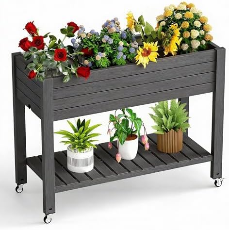 Elevated Raised Garden Bed with Legs, 33.66" Tall Self-Watering Resin Outdoor Planter Box with Storage Shelf, Drain Plug Water & Monitor for Plants Vegetables Flowers Fruits (Black) by GYMHILL