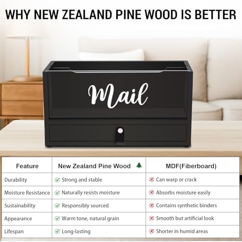 Two-Layer Solid Wooden Mail Storage Organizer Holder with Clear Acrylic Top and Bottom Drawer, Leather Handle, Keeping Mail, Bills, Letters, Cards and Office Supplies in One Place, Home Decor Gifts - Image 5