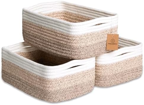 NaturalCozy 11.8"x8"x4.5” Storage Baskets for Shelves 3 Pack | Cotton Rope Woven Small Baskets for Organizing | Small Storage Bins for Nursery, Bathroom, Closet, Cube Shelf, Decorative, Gift Basket by NaturalCozy