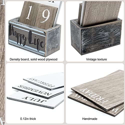 Notakia Perpetual Calendar Wooden Calendar Blocks Vintage Wood Block Calendar for Home Office Desk Accessories Week Month Date Display (Happy Life) - Image 5