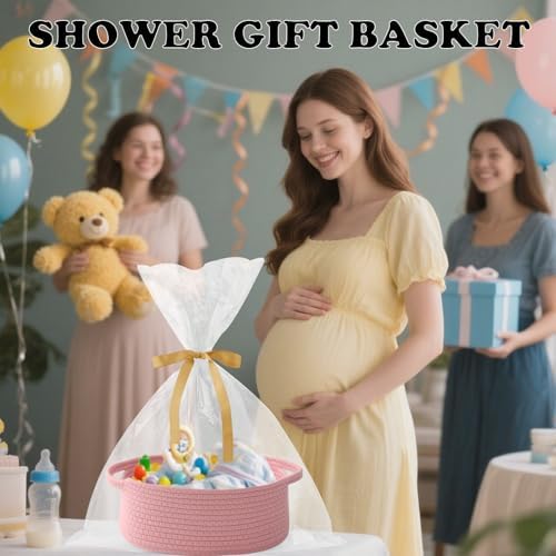 Pink Woven Rope Basket - Baby Gift Basket with Bag & Ribbon - Image 4