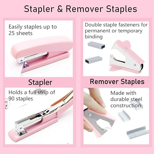 Pink Office Supplies, Pink Desk Accessories, Stapler, Staple Remover, Tape Holder, Pen Holder, Ballpoint Pen, Scissor, Binder Clips, 1000pcs Staples, Phone Holder, Ruler, Transparent Glue and Notes - Image 3