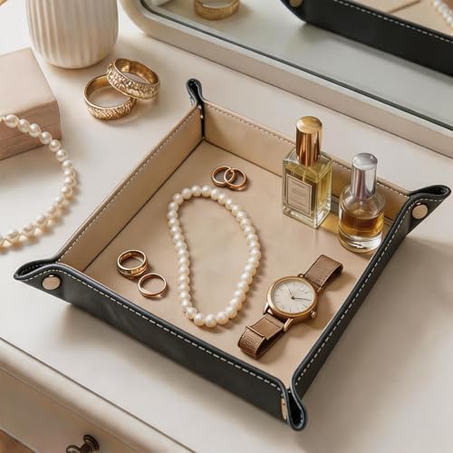 Valet Tray Desktop Storage Organizer – Vegan Leather Catchall Bedside Vanity Tray Nightstand Caddy Holder for Remote Controller, Watch, Keys, Phone, Wallet, Coin, Jewelry, Beige - Image 7