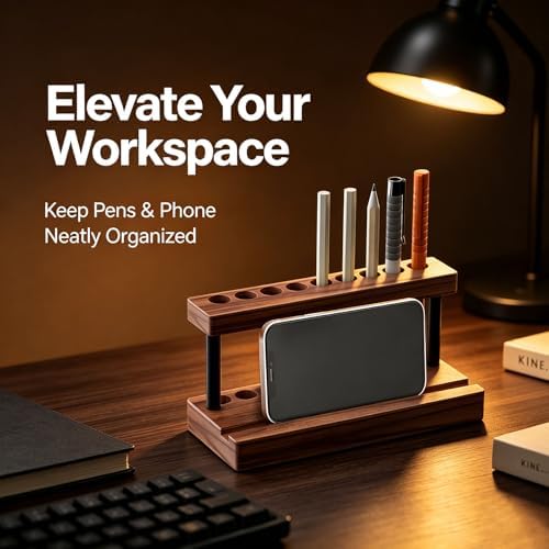 Pencil & Pen Holder for Desk, Solid Walnut Pen Display Stand with 9 Slots and Cell Phone Holder, Aesthetic Pen Organizer for Minimalist Office Desk Decor - Image 2