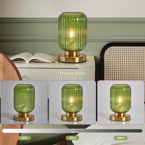 Green Glass Table Lamp,Vintage Gold Base Ribbed Bedside Lamp - Image 4