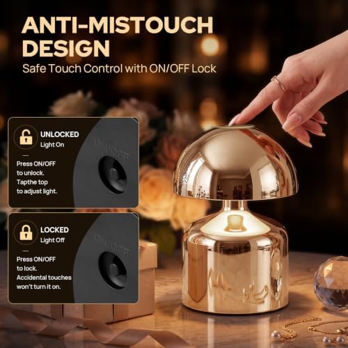 Mini Mushroom Rechargeable Table Lamp Cordles, Gold, 2 Pack - Image 5