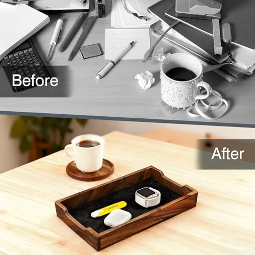 Walnut Desk Tray with Cup Coaster Set, Natural Wooden felt lined Desk Drawer Organizer for Keys, Pen, Watch, Home Office Desktop Accessories - Image 3
