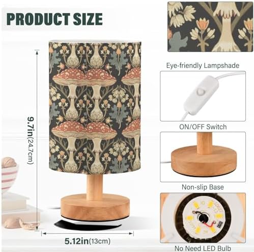 William Morris Style Mushroom Table Lamp for Bedroom USB Port Lamps Small Accent Table Lamp Nightstand Lamp Sturdy Linen Shade Wooden Base Decorative Lamps for Bedside Reading|Kids|Dorm|Home - Image 4