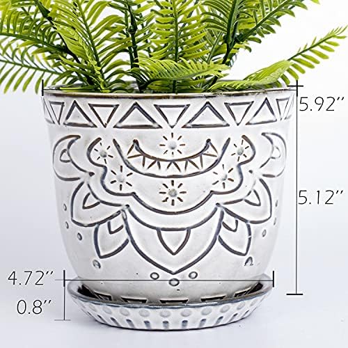 VanEnjoy 5.9 inch Round Bohemian Style Ceramic Planter, Geometry Engrave Off White Brown Succulent Planter Flower Pot, Indoor Outdoor Decorative Planter - Image 2