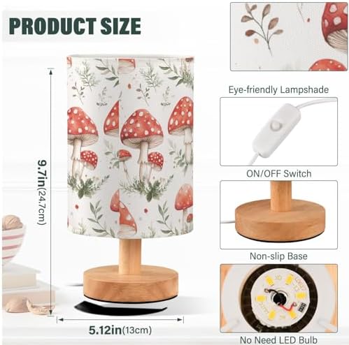 Cartoon Farmhouse Botanical Mushrooms Bedside Table Lamps with USB Port for Bedroom Lamp Table Lamp Small Nightstand Lamp Sturdy Linen Shade Wooden Decorative Lamps for Home Dorm Office Living Room - Image 4