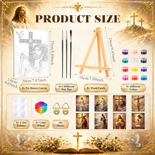 8 Sets 8" x 10" Jesus Pre Drawn Canvas to Paint for Sip and Paint Party Jesus Predrawn Coloring Set Pre Sketched Canvas Boards with Paints and Brushes for Adult - Image 2