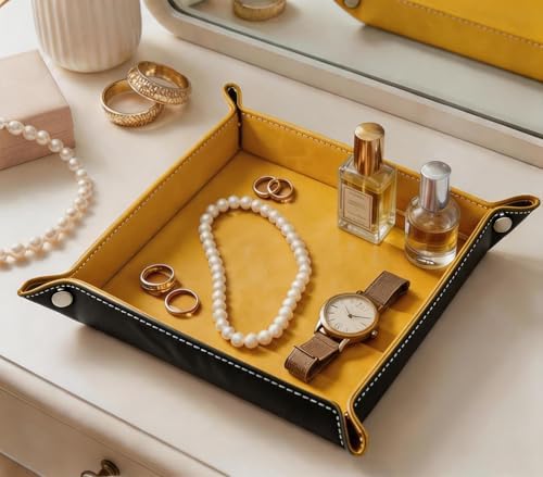 Valet Tray Desktop Storage Organizer – Vegan Leather Catchall Tray Bedside Vanity Tray Nightstand Caddy Holder for Remote Controller, Watch, Keys, Phone, Wallet, Coin, Jewelry, Yellow - Image 6