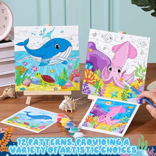 Tenceur 12 Sets Pre Drawn Canvas to Paint Adult Stretched Coloring Painting Canvas Panels with Design Easel and Brushes for Party Supplies Beginner Favor(Sea Animal) - Image 5