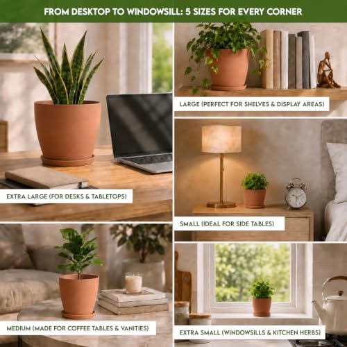 Plant Pots Indoor with Drainage, 5 Pack Multi-Size Planters Set, Terracotta - Image 3