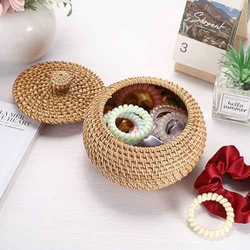 Hipiwe Round Rattan Basket Box with Lid Wicker Storage Baskets Bin, X-Small - Image 4