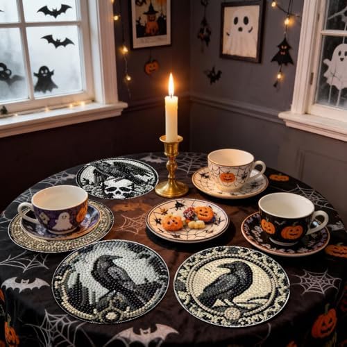 LWZAYS 8 Pcs Halloween Diamond Art Coasters Kit - DIY 5D Horror Crow Diamond Painting Coasters with Holder, Mini Small Diamonds Arts Kits for Adults Coaster, Gem Art Arts and Crafts for Adults - Image 2