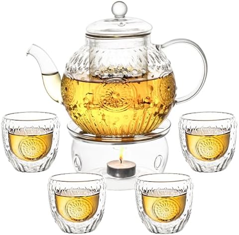Bandesun Vintage Glass Teapot Set with 4 Cup, 32oz Borosilicate Tea Pot with Removable Infusers for Blooming and Loose Leaf Tea, Tea Warmer with Candlelight, Stovetop Safe, Gift for Women and Adults by Bandesun