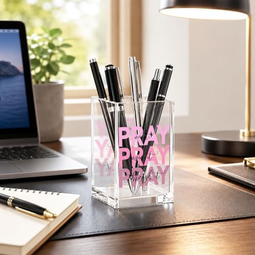 Christian Acrylic Pen Holder Cup, “Pray Over It Prays On It Pray Through It” Bible Verse Desk Decor, Pink Office Desk Organizer, Inspirational Gift for Women, Religious Desk Accessory - Image 4