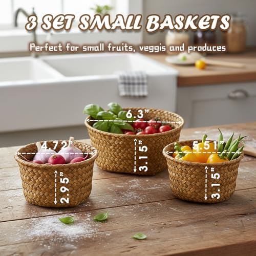 3 Set Small Seagrass Storage Baskets, Natural Woven for Farmhouse Kitchen - Image 2