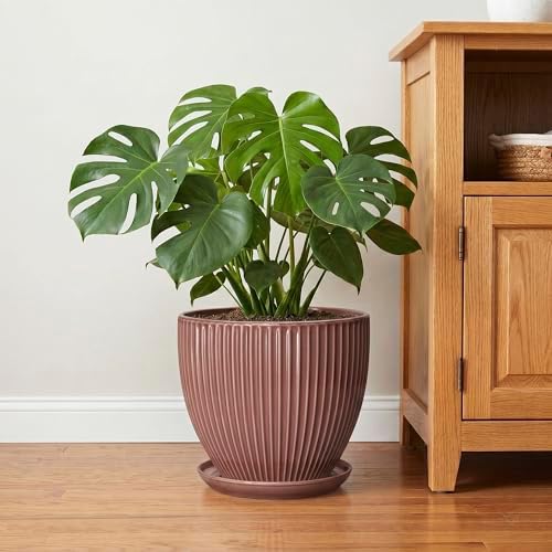 10 Inch Planter, Ceramic Flower Pot with Drainage Hole and Saucer, Round Indoor Plant Pots for Large Plants, Modern Decorative Planter, Home Kitchen Decor, Gifts for Men Women, Rust Red - Image 6