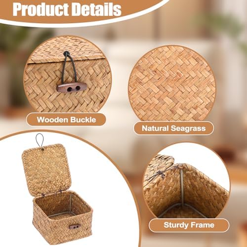 Hipiwe Handwoven Seagrass Basket Decorative Shelf Basket with Lid Mini Square Wicker Storage Box, Caramel Color, 4.7" x 4.7" x 3" - Image 6