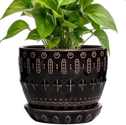 G EPGardening Ceramic Pot for Plants 5.5 Inch - Ceramic Plant Pot Indoor with Drainage Hole and Saucer, Round Boho Planter for Indoor Plants Outdoor, Housewarming Gifts, Garden Office Decor, Black by GEPGardening