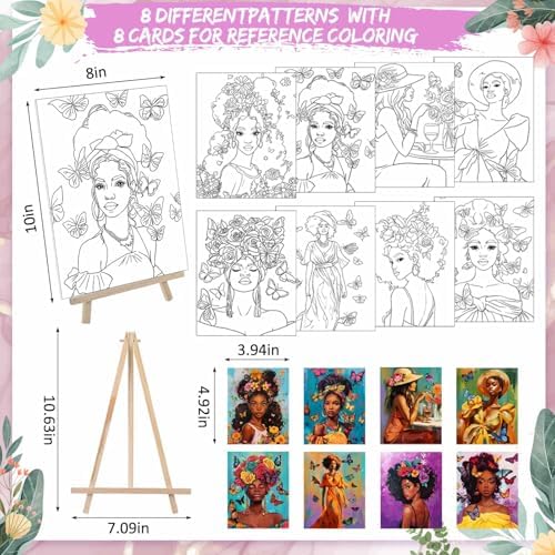 Tenceur 72 Pieces Pre Drawn Canvas Kit 8" x 10" Paint and Sip Kit for Adults Painting Party Pre Printed Canvas DIY Pre Stenciled Canvas with Paints Easels Aprons Brushes for Party Gifts(Black Girl) - Image 2