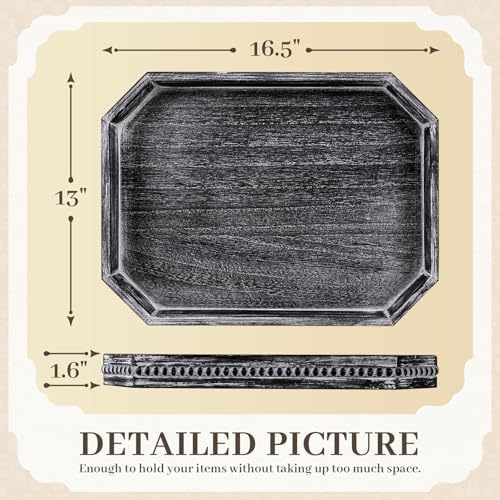 CedarLux Decorative Coffee Table Serving Tray, Long Octagonal Black Wood Tray with Wooden Bead, Farmhouse Big for Ottoman Table, Countertop, Home Decor, 16.5"x13"x1.6" (Retro Black) - Image 2