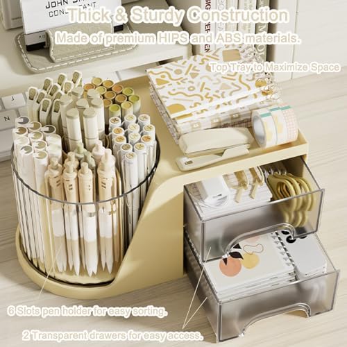 SAYEEC Rotating Desk Organizer with 2 Drawer, 6 Slots Multi-Functional Pencil Pen Holder, Desktop Makeup Organizer Stationery Accessories Storage Box Caddy for Office School Home Art Supplies (Beige) - Image 3