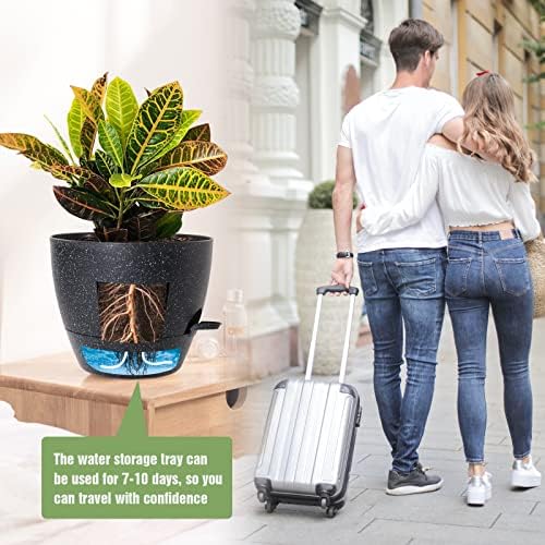 UOUZ Large Self Watering Pots, 12/10/9 Plastic Planters with High Drainage Holes and Deep Reservoir for Indoor Outdoor Garden Plants and Flowers, Black Speckles - Image 6