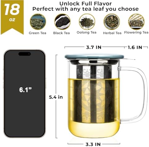 Aquach 18oz Glass Tea Cup with Infuser and Lid, Clear Borosilicate Mug - Image 4