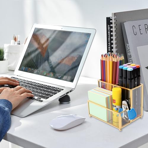 Glass Pen Holder for Desk,Gold Pencil Holder with 3 Compartments,Small Desk Organizer for Pens/Pencils/Sticky Notes,Stylish Clear Pen Organizer for Home Office Desk - Image 5