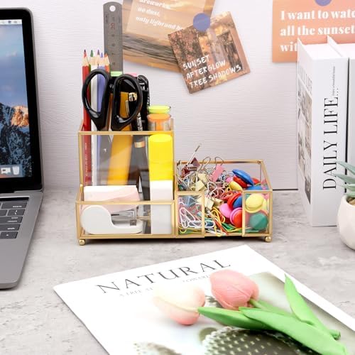 Desk Organizer with 3-Compartments,Glass Small Desk Organizer for Pens Pencils Business Cards Sticky Notes Paper Clips,Gold Stylish Pen Holder for Desk Home Office Decor - Image 4