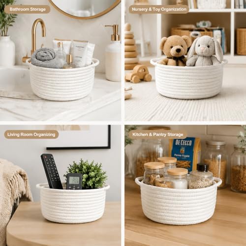 Small Woven Cotton Rope Gift Basket with Handle, White - Image 2