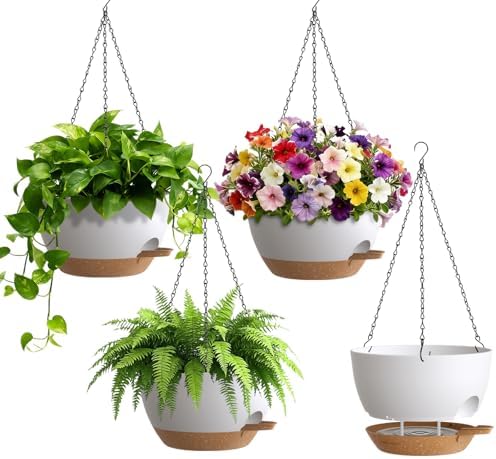 UOUZ 4 Pack 8 Inch Self Watering Hanging Planters for Indoor Outdoor Plants，Hanging Pots for Plants with Drainage Removable Tray, Hanging Baskets Flower Pots for Pothos Garden Porch White with Brown by UOUZ