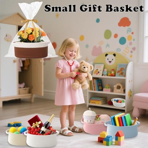 Woven Rope Basket - Baby Gift Basket with Bag & Ribbon, White&Brown - Image 4
