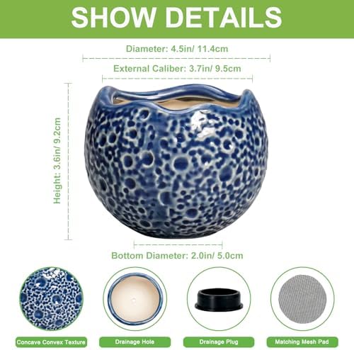 4 Inch Plant Pots - Small Ceramic Planter with Drainage Hole, Succulent Pots for Indoor Outdoor, Unique Round Planter, Modern Decorative Flower Pot, Desk Decor, Plant Lovers Gifts, Blue - Image 2