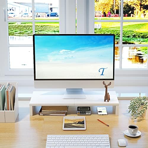 TEAMIX 20 inch White Monitor Stand Riser, Wood Desktop Computer Stand - Image 2