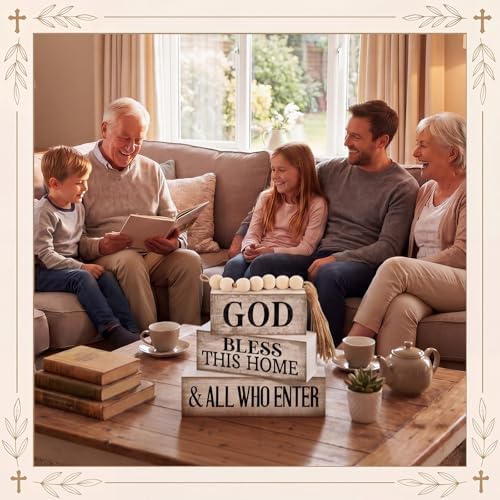Moucuny 4 Pcs Christian Table Decor Rustic God Bless This Home Stacked Sign - Image 3