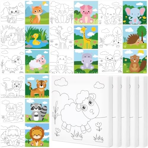 Teling 12 Pcs Pre Drawn Stretched Canvas Kit for Adults Painting Pre Printed Canvas Outline for DIY Painting Party Favor,6 x 6 x 0.6 Inches(Animal) by Teling