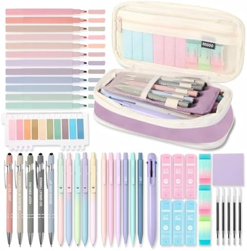 56 PCS Aesthetic School Supplies with Large Pencil Case, 5 Inspirational Ballpoint Pens, 12 Pastel Highlighters, 5 Black Ink Gel Pens, 6 Mechanical Pencils 0.5-0.7mm College Student Essentials(purple) by Unknown