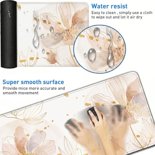 Gold Desk Mat, Aesthetic Floral Large Mouse Pad, 35.4 x 15.7 Inch XXL Keyboard Mat Non-Slip Waterproof Desk Pad, Full Desk Protector for Women Office Home (Champagne) - Image 4